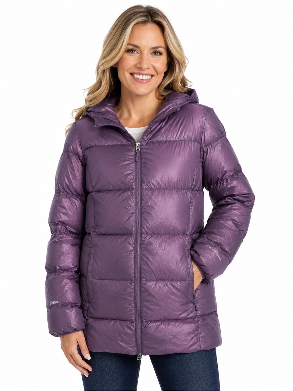 Eddie Bauer EB550 Women's Shiny Plum Puffer Jacket with Hood